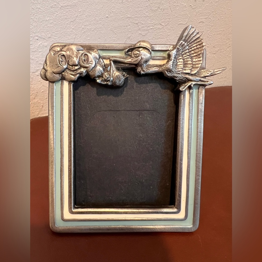 Pewter Newborn Baby  Stork Clouds Picture Frame Great American Products 1988 USA